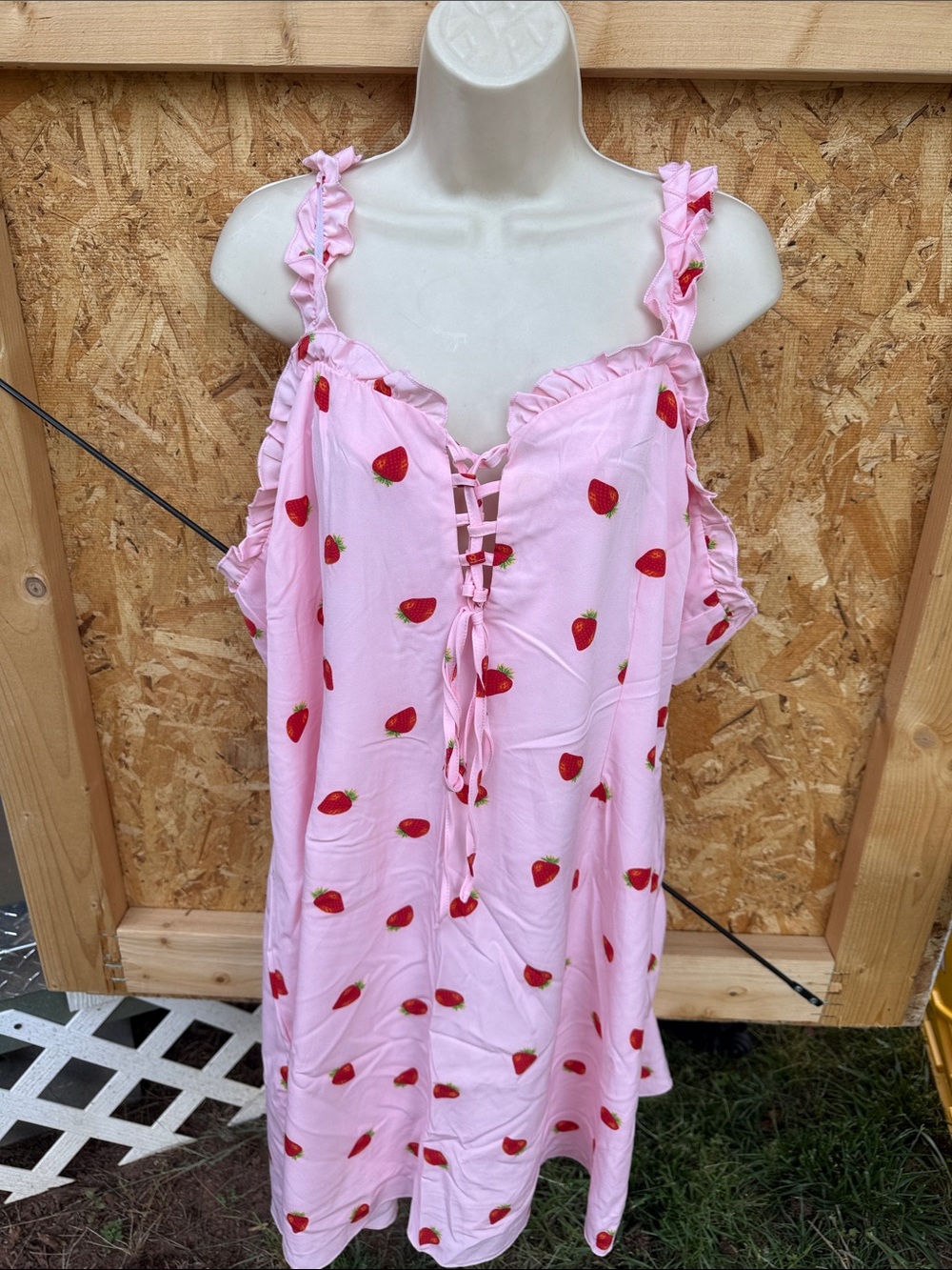 SHEIN Pink Strawberry Print Ruffle Tie-Front Sundress